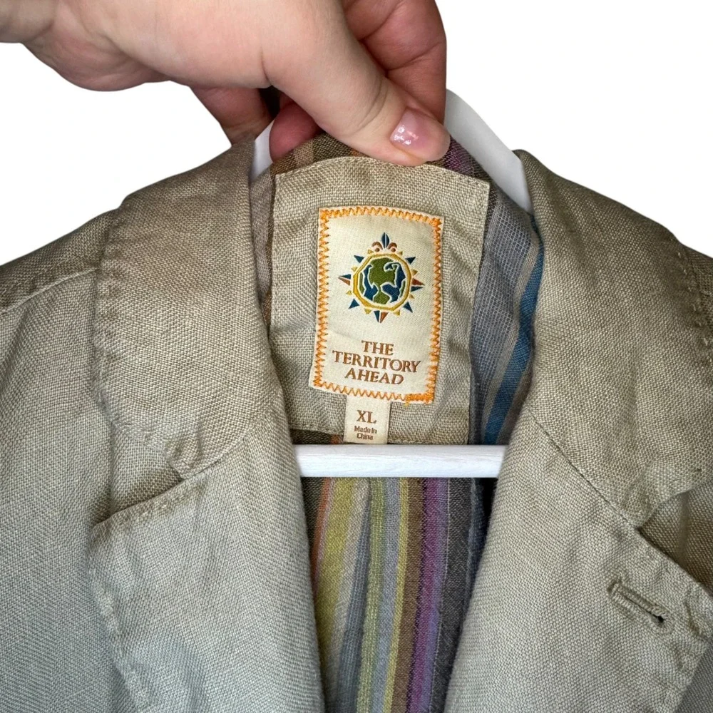 The Territory Ahead Linen Blazer XL Khaki Striped Lining Coastal Safari Casual